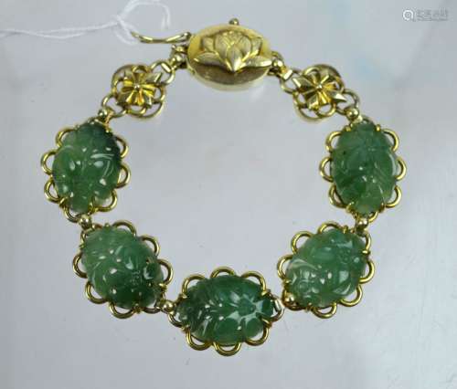 Chinese Green Hardstone Silver Gilt Bracelet
