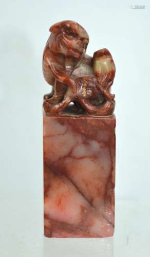Antique Chinese Carved Lion Soapstone Seal in Box