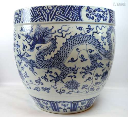 Large Chinese Blue & White Ming-Style Dragon Bowl