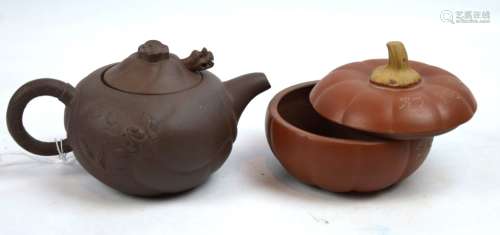 2 Chinese Yixing Wares; Melon Box & Cover, Teapot