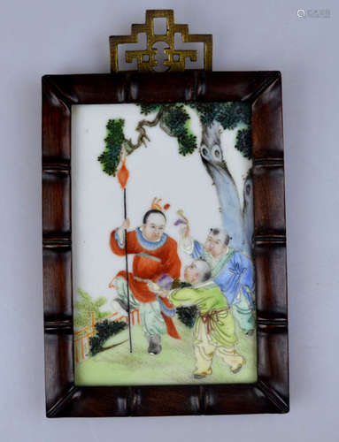 Late Qing Chinese Porcelain Plaque; Hardwood Frame