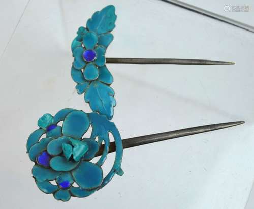 2 - Antique Chinese Enameled Silver Hair Pins