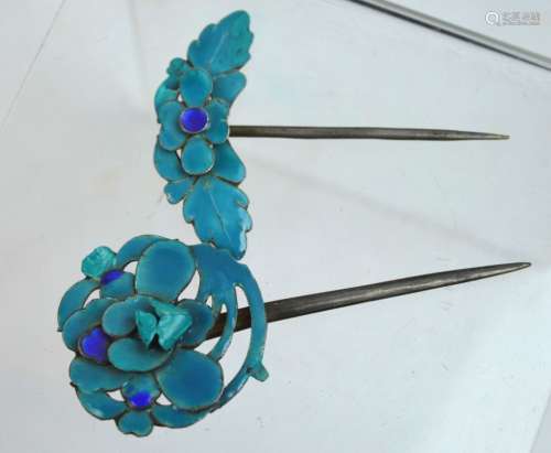 2 - Antique Chinese Enameled Silver Hair Pins
