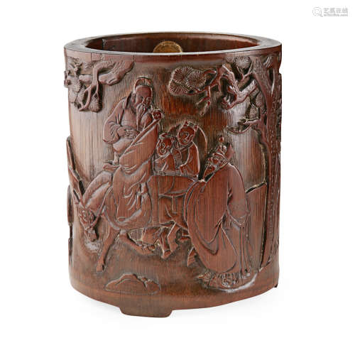 FINELY CARVED BAMBOO BRUSHPOT QING DYNASTY, 17TH CENTURY 17cm high