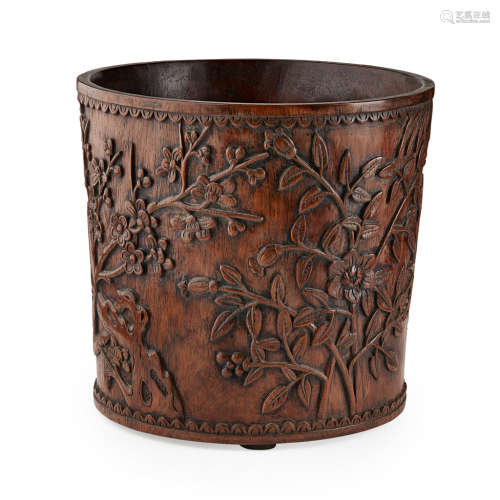 FINELY CARVED HUANGHUALI BRUSHPOT QING DYNASTY, 18TH CENTURY 16.5cm high, 17.5cm diam