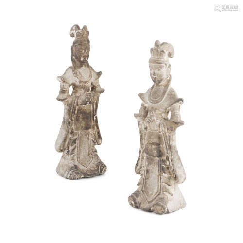 PAIR OF GREY STONE FIGURES OF COURT LADIES POSSIBLY TANG DYNASTY 34.5cm high