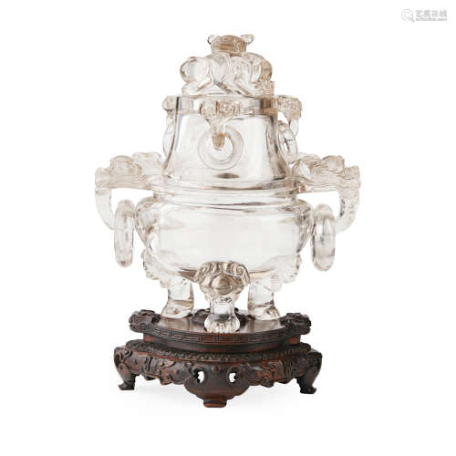 UNUSUAL ROCK CRYSTAL TRIPOD CENSER AND COVER QING DYNASTY, 18TH CENTURY 17cm high