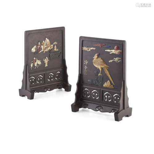 PAIR OF WOODEN INLAID TABLE SCREENS 32cm high