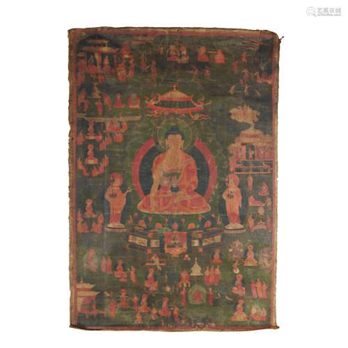 THANGKA DEPICTING THE BUDDHA SHAKYAMUNI WITH TWO DISCIPLES TIBET, 17TH CENTURY 76 x 51cm