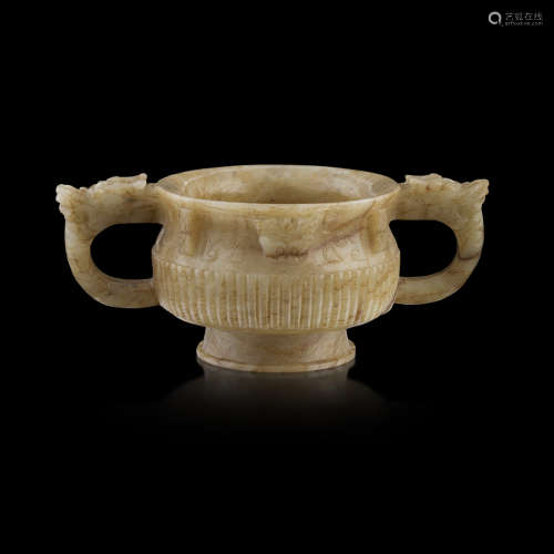 JADE TWIN-HANDLED LIBATION CUP MING DYNASTY 20.5cm wide