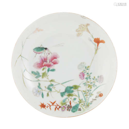 FAMILLE ROSE SAUCER DISH TONGZHI MARK AND OF THE PERIOD 15.2cm diam