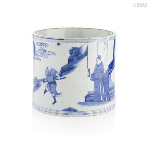 BLUE AND WHITE BRUSH POT KANGXI MARK AND POSSIBLY OF THE PERIOD 15.5cm high, 19.2cm diam