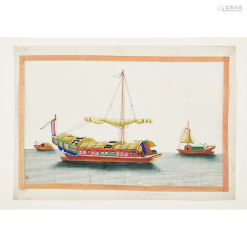 SET OF NINE PITH PAPER PAINTINGS OF BOATS AND JUNKS QING DYNASTY, 19TH CENTURY 20.5 x 33cm (sight)
