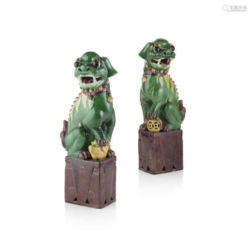 PAIR OF EGG AND SPINACH GLAZED BUDDHIST LIONS 45cm height