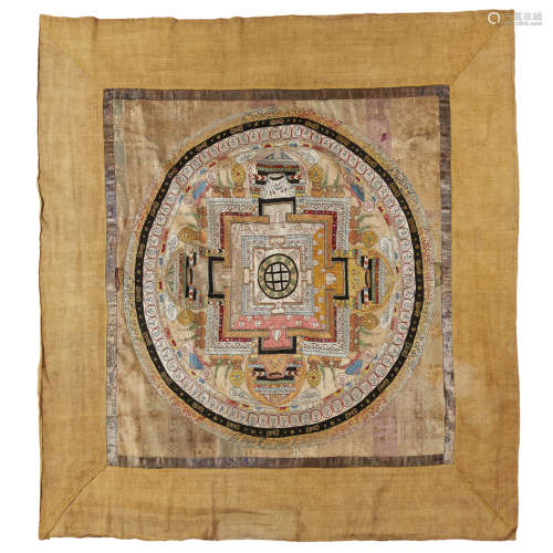 EMBROIDERED THANGKA OF A SYLLABLE MANDALA TIBET, 20TH CENTURY 94x96cm (overall)