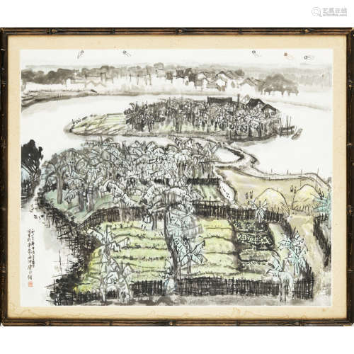 CHEN YONGQIANG (B. 1948) KITES ABOVE VILLAGE 57 x 68cm (sight)