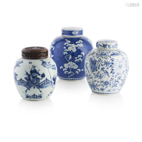 GROUP OF THREE BLUE AND WHITE GINGER JARS QING DYNASTY, 19TH CENTURY tallest 30cm high