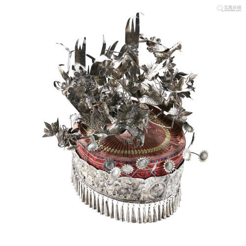 MIAO SILVER MOUNTED EMBROIDERED HAT 23cm high