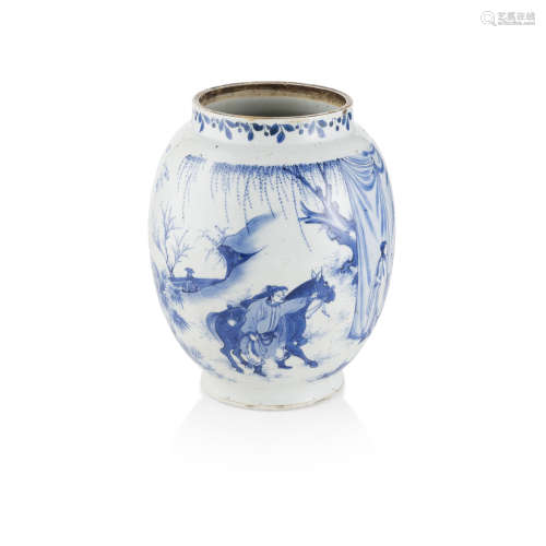 BLUE AND WHITE TRANSITIONAL 'ROMANCE OF THE THREE KINGDOMS' JAR 17TH CENTURY 24.2cm high