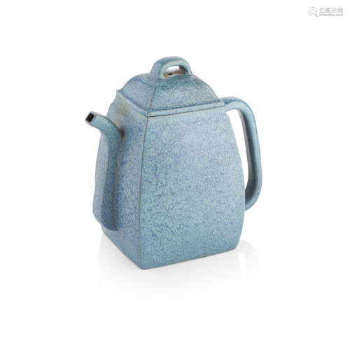 ROBIN'S EGG GLAZED YIXING STONEWARE TEAPOT AND COVER 21cm high