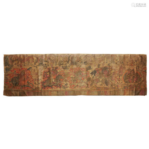 BANNER FEATURING A GROUP OF FIVE DHARMAPALA PROTECTORS TIBET, 18TH/19TH CENTURY 220 x 64cm
