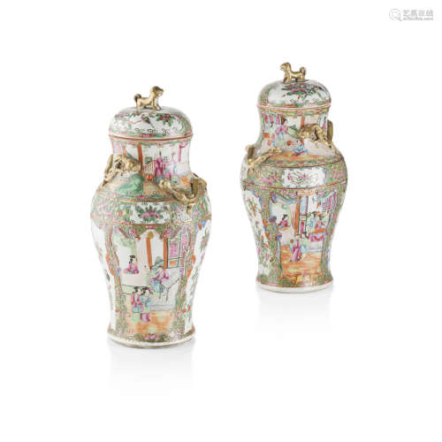 PAIR OF CANTON FAMILLE ROSE BALUSTER VASES AND COVERS QING DYNASTY, 19TH CENTURY 38cm high