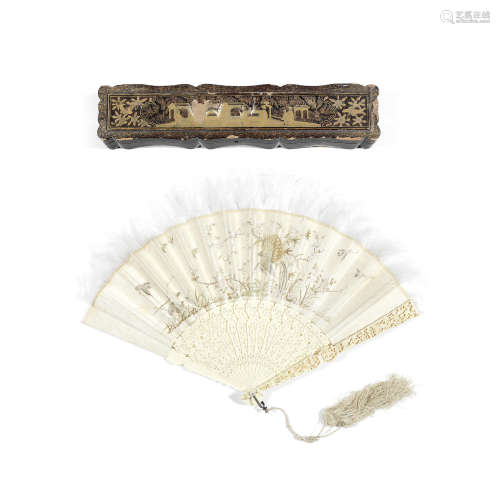 A Chinese Export ivory silk-embroidered fan and gilt-lacquer box,19th century
