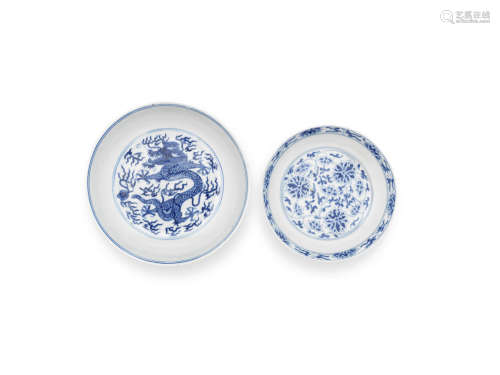 A blue and white 'dragon' dish and a blue and white 'floral' dish,Each with Guangxu six-character marks and of the period