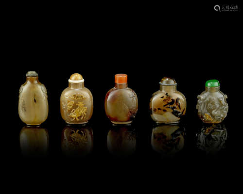 Five agate snuff bottles,Late Qing Dynasty