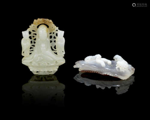 An agate pendant and a white and russet jade Buddhist group