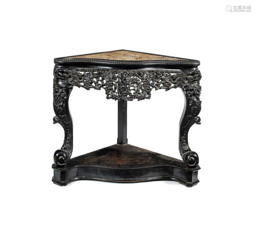 A marble-topped carved hardwood corner table,19th century