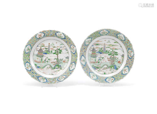 A pair of famille verte 'landscape' dishes,Kangxi