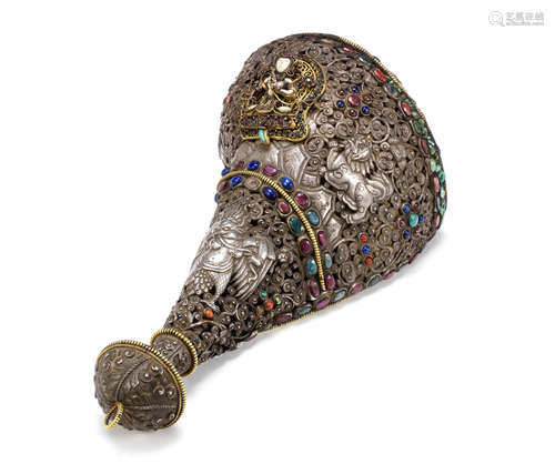 A large coral and hardstone-encrusted silver-mounted ritual conch shell,19th century