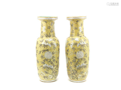 A pair of yellow-ground grisaille-enamelled rouleau vases,Late 19th century