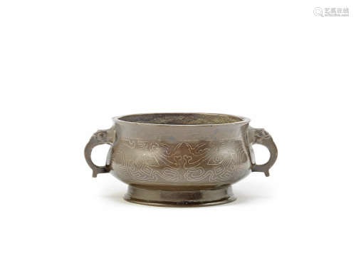 A silver wire-inlaid bronze incense burner,Shisou two-character mark, Qing Dynasty