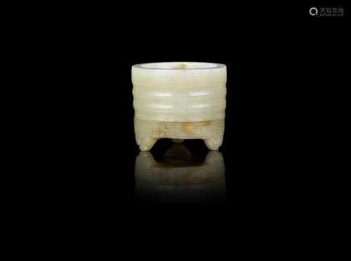 A small pale green jade tripod incense burner,Ming Dynasty