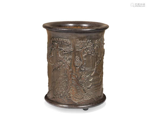 A bamboo 'landscape' brushpot,Late Qing Dynasty