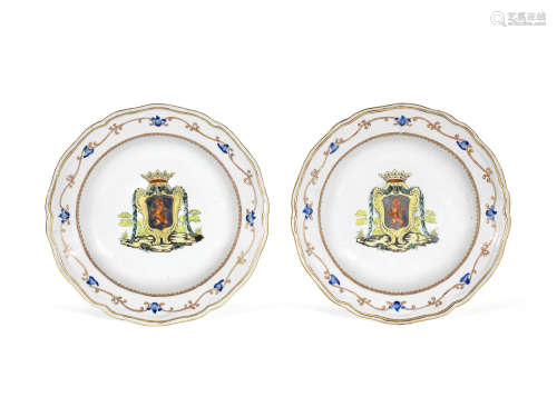 A pair of 'French Market' armorial dishes,Qianlong