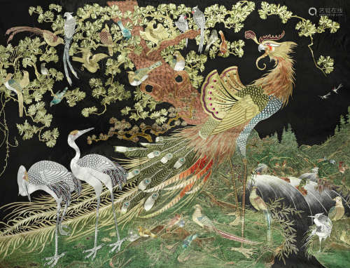 A massive silk-embroidered 'hundred birds' panel,20th century