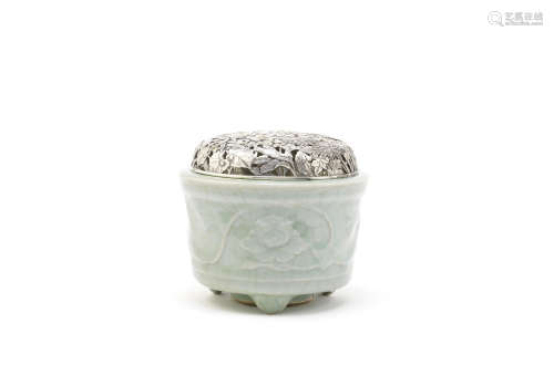 A Longquan-style incense burner and silver reticulated cover,Meiji Period