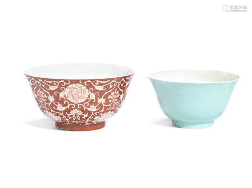 A coral-ground reserve-decorated 'lotus and peony' bowl,Jiaqing seal mark and of the period