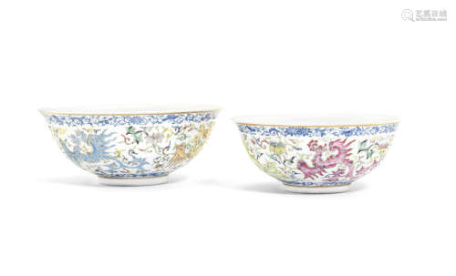 Two famille rose 'phoenix' bowls,Qianlong six-character marks, Republic Period