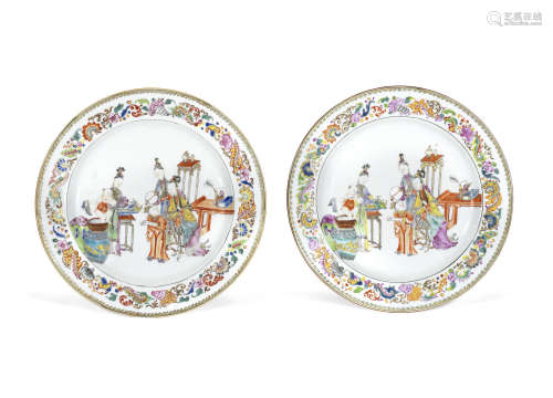 A pair of famille rose 'ladies and boys' dishes,Early 18th century