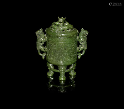 A spinach green jade archaistic tripod vessel and cover