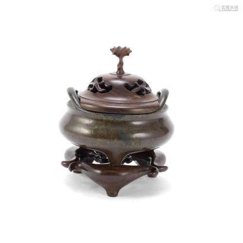 A bronze tripod incense burner,Xuande six-character mark, 18th/19th century