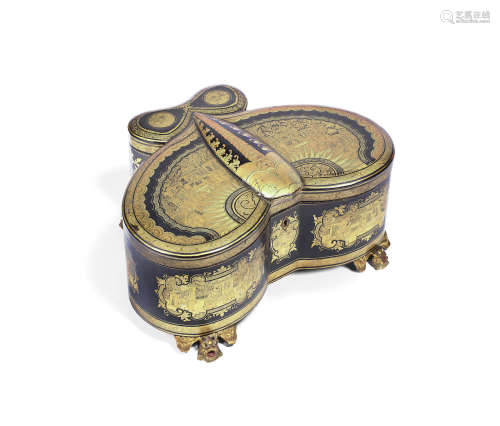 An Export gilt and black lacquer butterfly-form tea caddy with pewter containers,First half 19th century