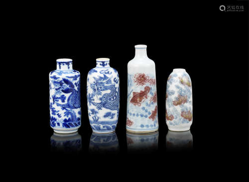 Four underglaze blue and copper red snuff bottles,19th century