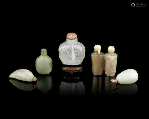 Five jade and hardstone snuff bottles,Late Qing Dynasty