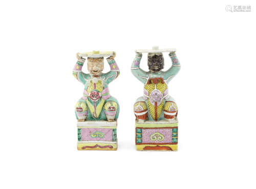 A pair of famille-rose figural joss stick holders,18th century