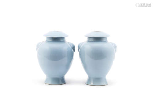 A pair of clair-de-lune glazed archaistic baluster vases,Qianlong seal marks, Republic Period